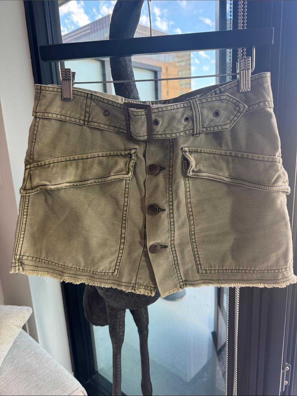 Free People Olive Utility Button-Front Mini Skort with Belt